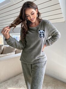 Letter Embroidery Cartoon Patched Detail Flannel PJ Set - Grey - View 3