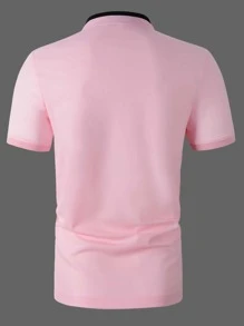 Manfinity Homme 男士鹿角刺繡小高領拼接邊POLO衫 - 淺粉色 - 查看 2