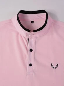 Manfinity Homme 男士鹿角刺繡小高領拼接邊POLO衫 - 淺粉色 - 查看 3