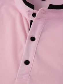 Manfinity Homme 男士鹿角刺繡小高領拼接邊POLO衫 - 淺粉色 - 查看 5