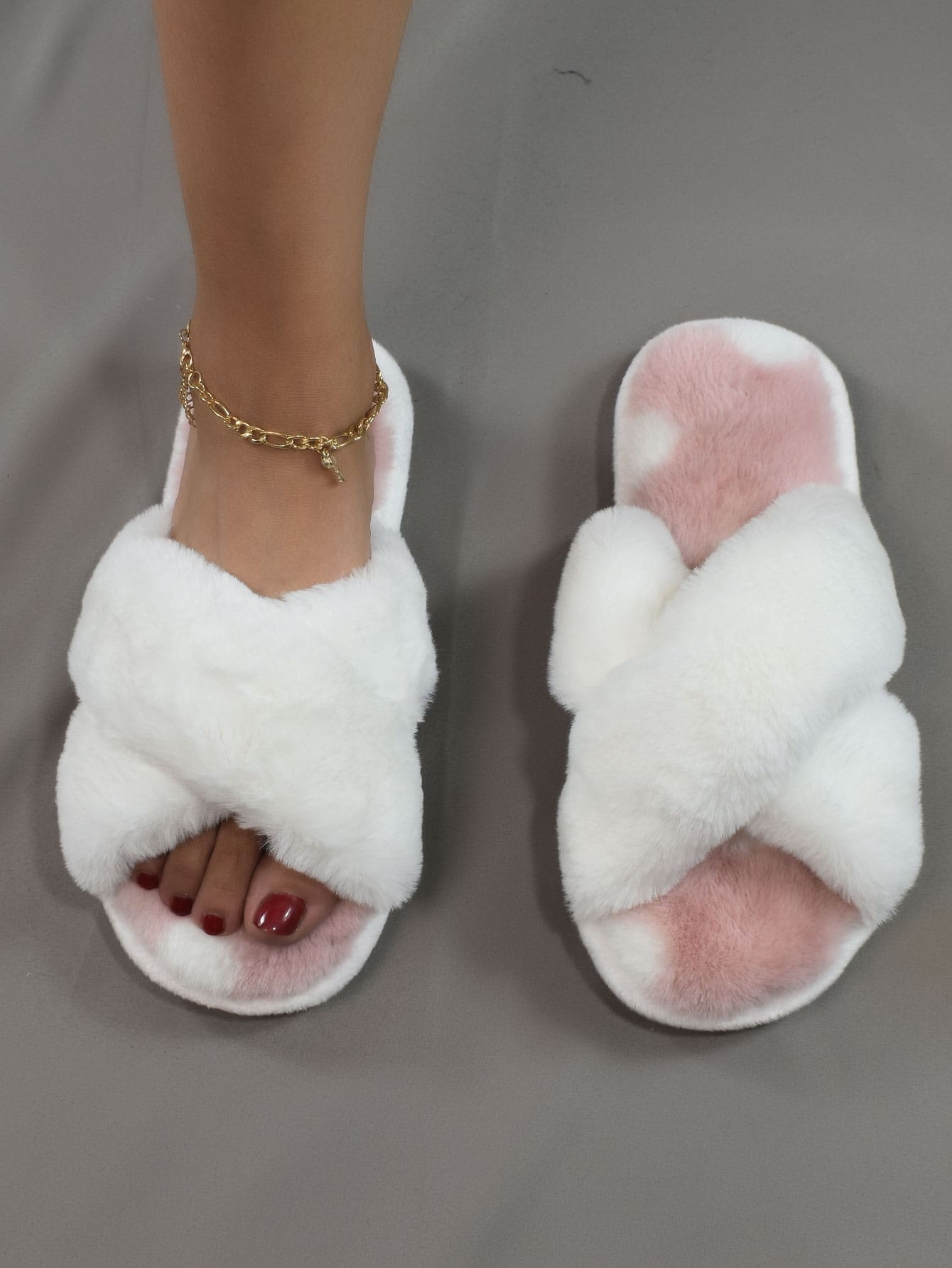 Cross Strap Fluffy Bedroom Slippers - Dusty Pink - View 1