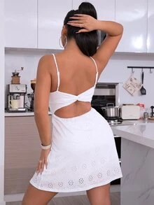 Solid Eyelet Embroidery Cami Dress - White - View 5