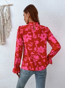 SHEIN LUNE Floral Print Flounce Sleeve Blouse - Red - View 2