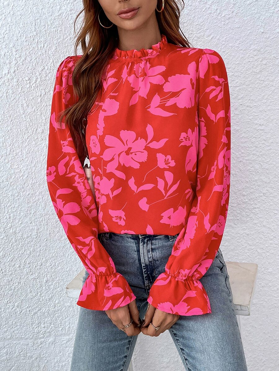 SHEIN LUNE Floral Print Flounce Sleeve Blouse - Red - View 1