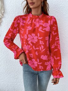 SHEIN LUNE Floral Print Flounce Sleeve Blouse - Red - View 4