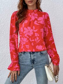 SHEIN LUNE Floral Print Flounce Sleeve Blouse - Red - View 5