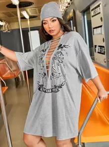 SHEIN EZwear Plus Skull & Slogan Graphic Ladder Cut Out Drop Shoulder Tee Dress - Light Grey - View 3