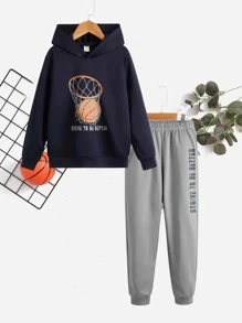 SHEIN Tween男孩籃球及標語圖形連帽衫和運動長褲