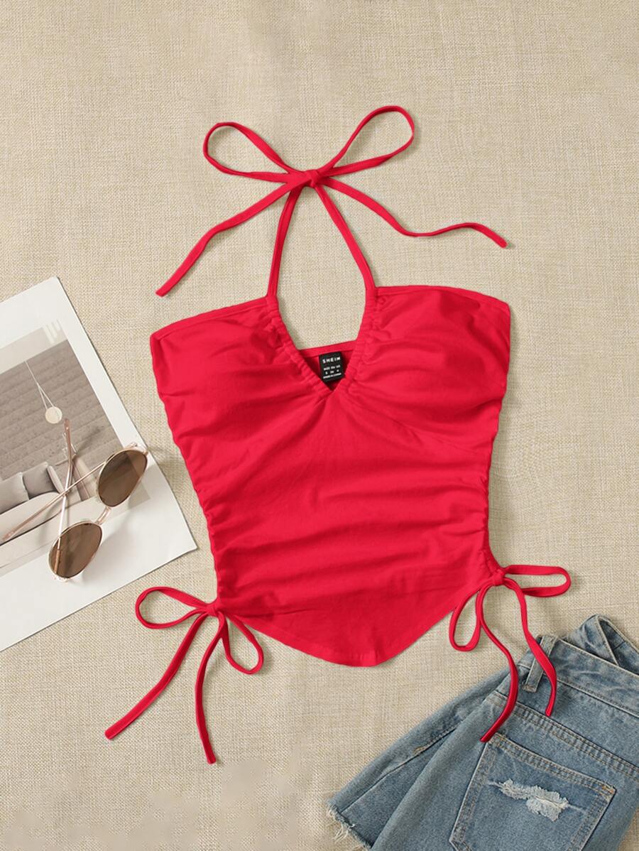 SHEIN ICON 前打結抽繩抹胸上衣 - 紅色 - 查看 1