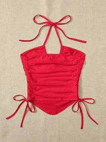 SHEIN ICON 前打結抽繩抹胸上衣 - 紅色 - 查看 2