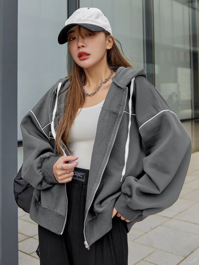 DAZY 保温パーカー コントラストパイピング ドロップショルダー ファスナー DAZY 保温パーカー コントラストパイピング ドロップショルダー