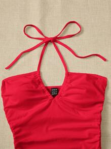 SHEIN ICON 前打結抽繩抹胸上衣 - 紅色 - 查看 4