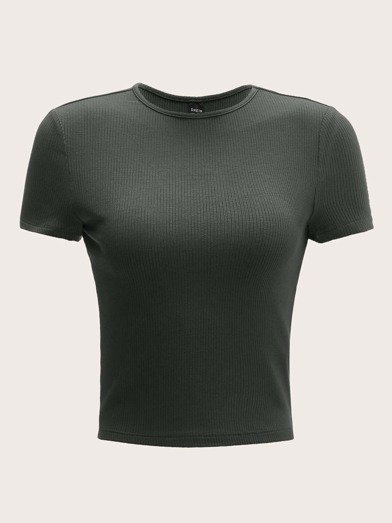 Muchica Áo thun nữ Gân đan màu trơn Cơ bản - Màu xám đen - Xem 1