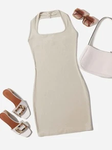 SHEIN Qutie Solid Rib-knit Backless Dress - Beige - View 1