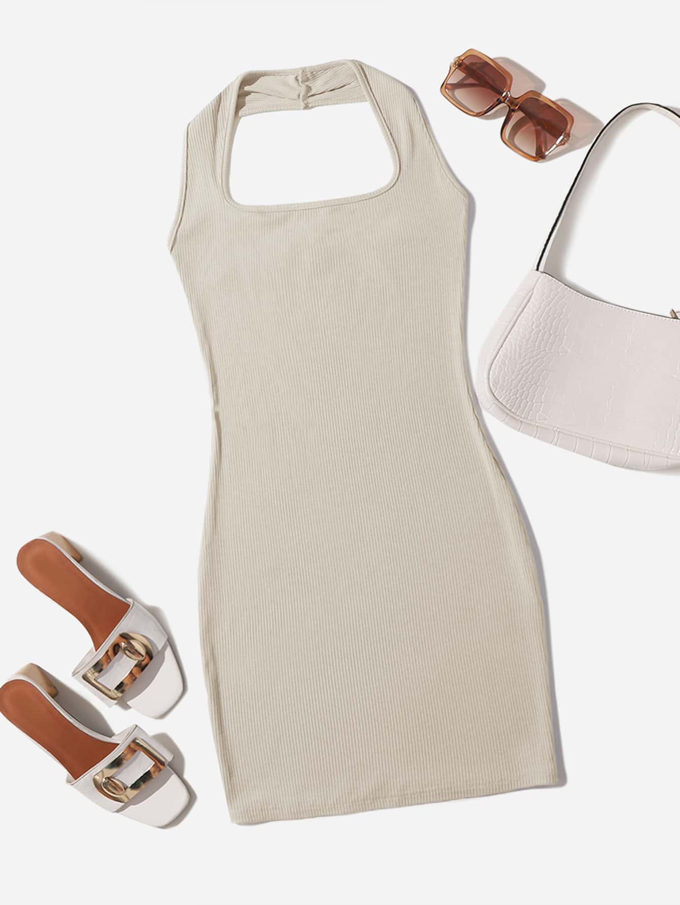 SHEIN Qutie Solid Rib-knit Backless Dress - Beige - View 1