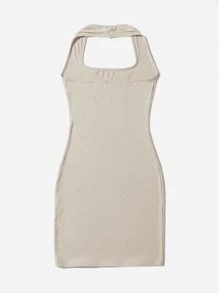 SHEIN Qutie Solid Rib-knit Backless Dress - Beige - View 2