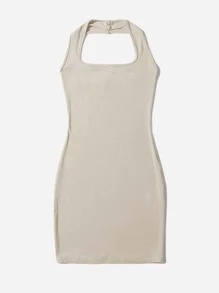 SHEIN Qutie Solid Rib-knit Backless Dress - Beige - View 3