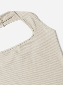SHEIN Qutie Solid Rib-knit Backless Dress - Beige - View 4
