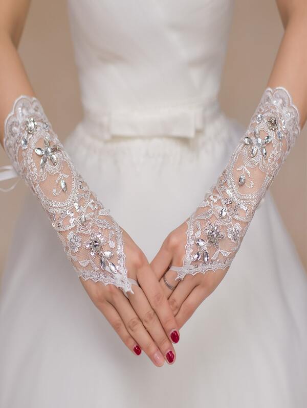 1pc Bridal Lace Glove With Rhinestone Decoration, White, Faux Pearl Bead & Sheer Long Wedding Glove Accessory Autumn Accessories