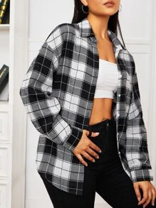 Muchica Plaid Print Drop Shoulder Shirt - Black and White - View 5