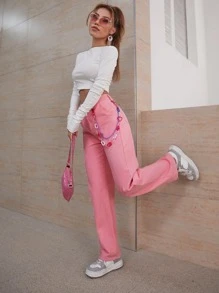 SHEIN EZwear 高腰鏈條細節直筒牛仔褲 - 淺粉色 - 查看 3