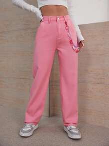 SHEIN EZwear 高腰鏈條細節直筒牛仔褲 - 淺粉色 - 查看 4