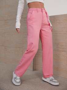 SHEIN EZwear 高腰鏈條細節直筒牛仔褲 - 淺粉色 - 查看 5