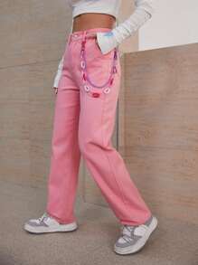 SHEIN EZwear 高腰鏈條細節直筒牛仔褲 - 淺粉色 - 查看 6