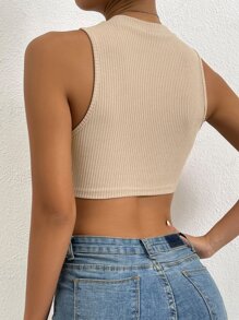 Zolique Fringe Trim Ribbed Knit Tank Top - Apricot - View 2