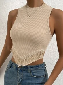 Zolique Fringe Trim Ribbed Knit Tank Top - Apricot - View 3