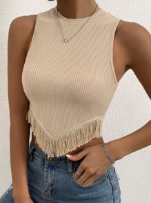 Zolique Fringe Trim Ribbed Knit Tank Top - Apricot - View 6