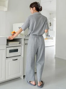 DAZY Bộ đồ ngủ Nữ Nút phía trước màu trơn Giải trí - Xám - Xem 2