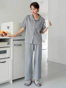 DAZY Bộ đồ ngủ Nữ Nút phía trước màu trơn Giải trí - Xám - Xem 3