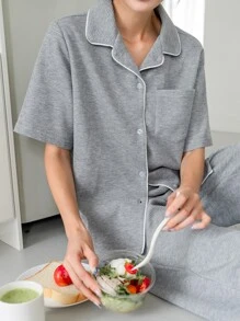 DAZY Bộ đồ ngủ Nữ Nút phía trước màu trơn Giải trí - Xám - Xem 8