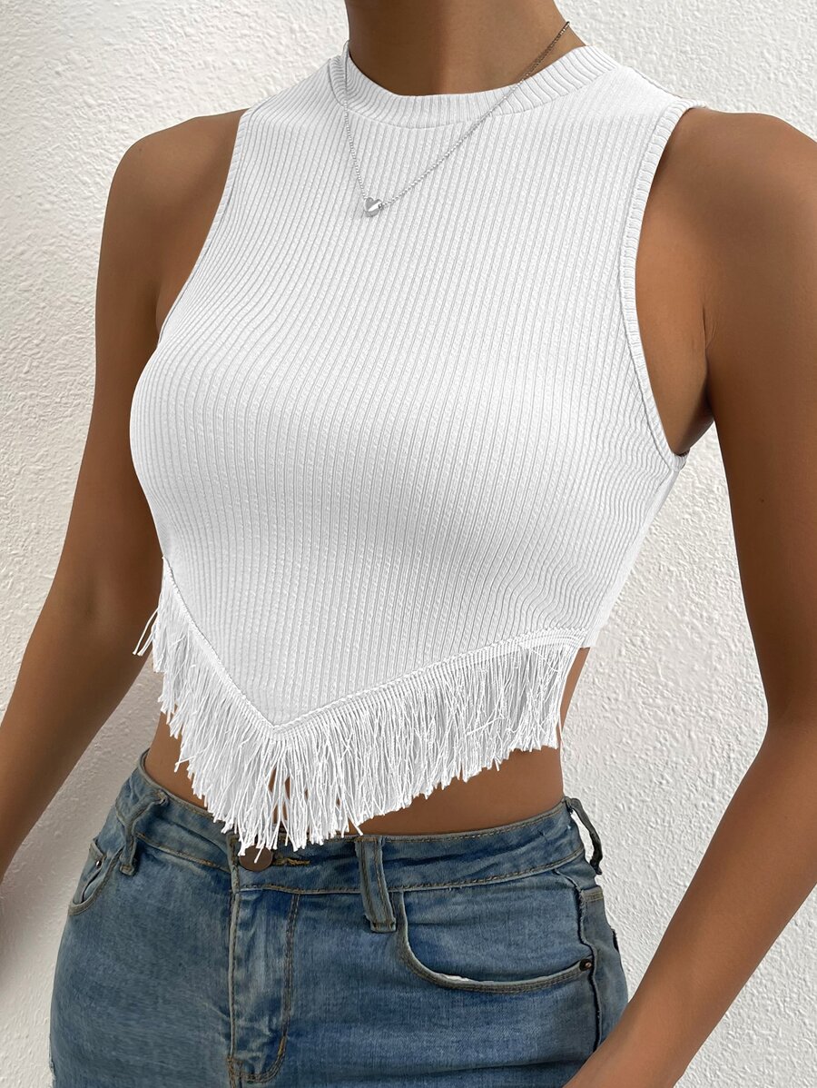 Allurite Top tank ribete con fleco tejido de canalé - Blanco - Ver 1