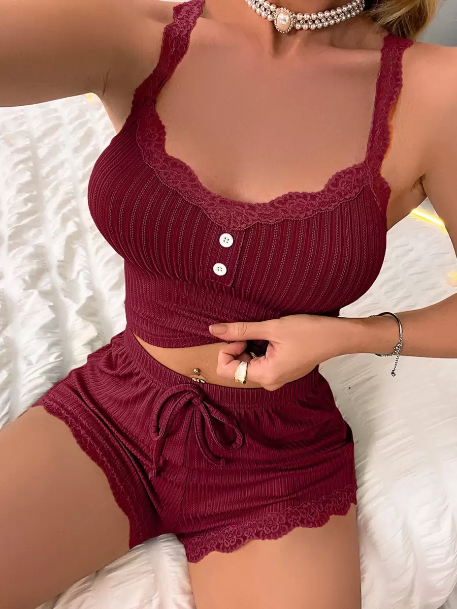 Contrast Lace Button Front Crop Cami Top & Shorts PJ Set / Pajama Set Lounge Set