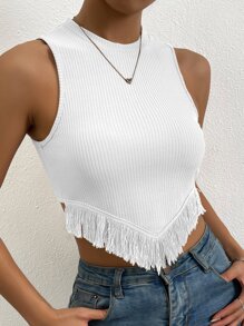 Allurite Top tank ribete con fleco tejido de canalé - Blanco - Ver 4