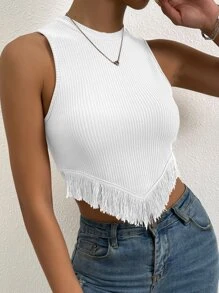 Allurite Top tank ribete con fleco tejido de canalé - Blanco - Ver 6