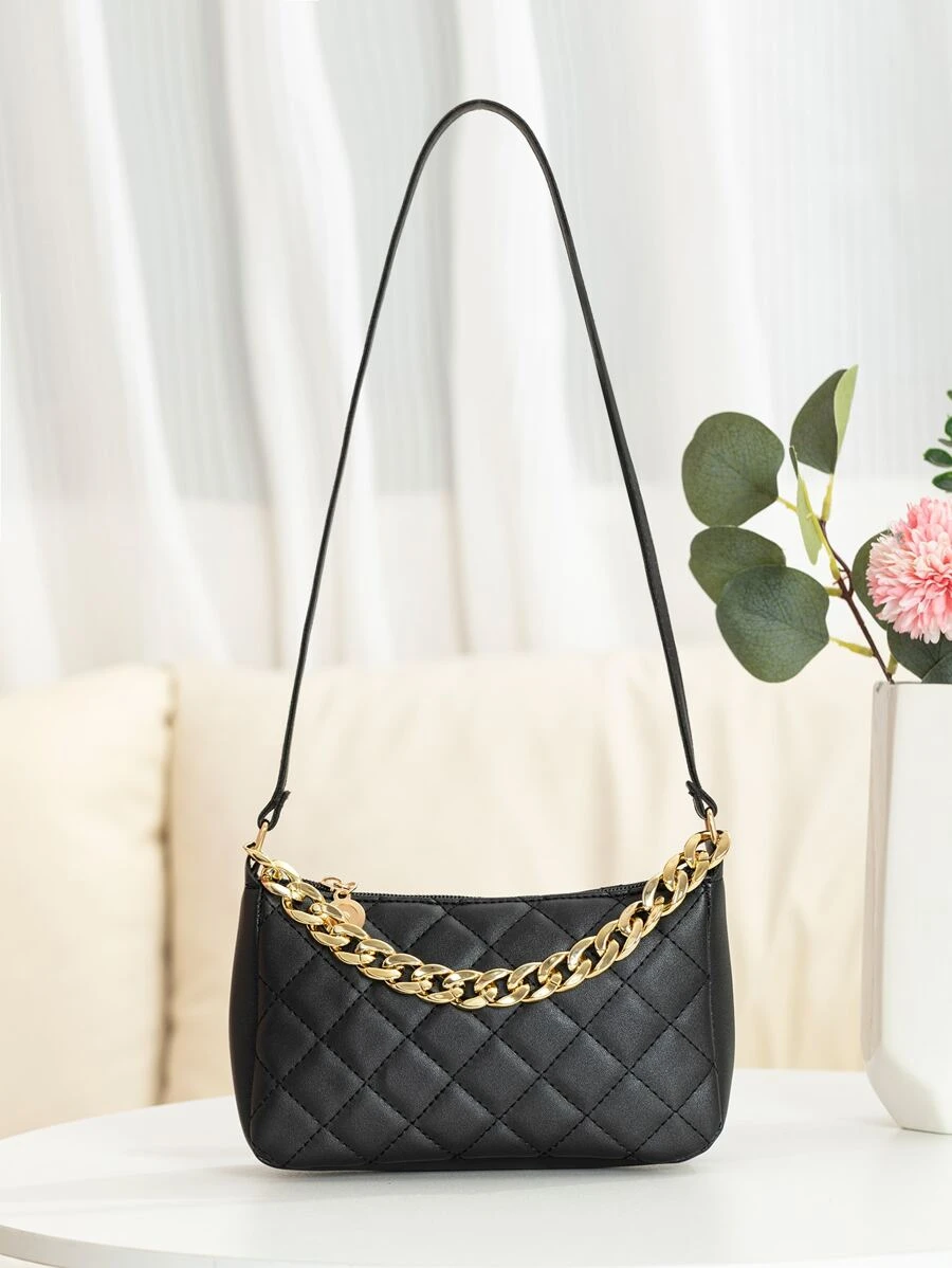 Waterproof,Lightweight,Business Casual Mini Quilted Chain Decor Square Bag For Teen Girls Women College Students,Rookies & White-collar Workers Perfect for Office,College,Work ,Business,Commute - Black - View 1