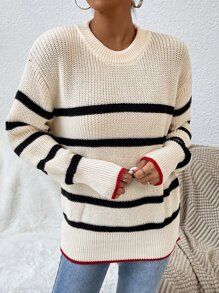 SHEIN Unity Striped Pattern Drop Shoulder Jumper - Apricot - View 3