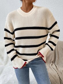 SHEIN Unity Striped Pattern Drop Shoulder Jumper - Apricot - View 4