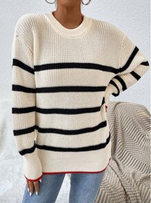 SHEIN Unity Striped Pattern Drop Shoulder Jumper - Apricot - View 5