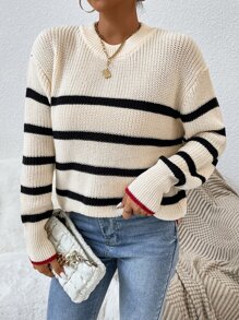 SHEIN Unity Striped Pattern Drop Shoulder Jumper - Apricot - View 6