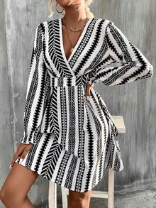 SHEIN Unity Geo Print Surplice Neck Flounce Sleeve Dress - Black and White - View 3