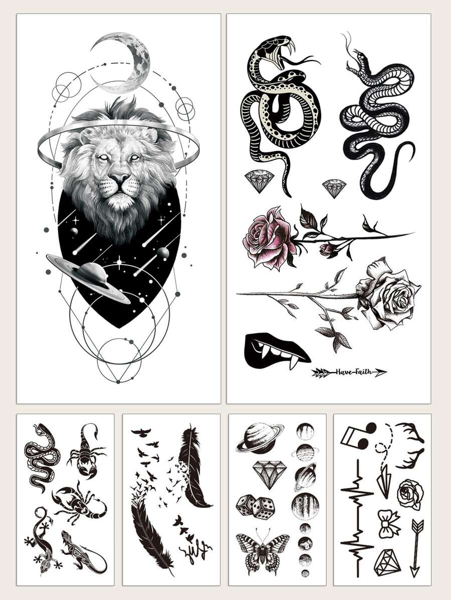 紋身貼紙套件，6 張獅子和蛇臨時紋身女式，混合紋身貼紙成人，看起來真實假紋身，適合男士、女士和女孩 - 彩色 - 查看 1