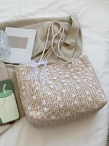 Cute,Kawaii Flowers Floral Embroidery Bow Decor Straw Shoulder Tote Bag, For Women, Rookies & White-Collar Workers,For Lady,For Female,For Teacher Gifts,For Girl, Teen Girls Large Capacity For Business/Commute/Work/Office,For Festivals/Vacation/Holiday - Beige - View 3