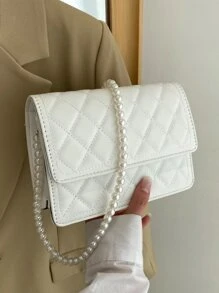 Mini Faux Pearl Decor Quilted Crossbody Bag - White - View 3