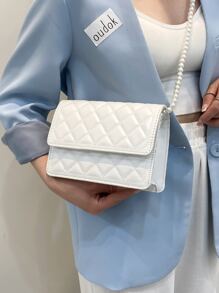 Mini Faux Pearl Decor Quilted Crossbody Bag - White - View 4