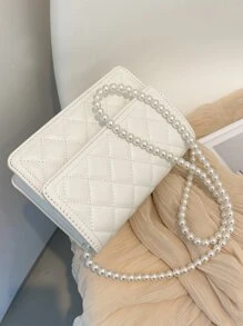 Mini Faux Pearl Decor Quilted Crossbody Bag - White - View 5