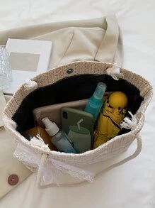 Cute,Kawaii Flowers Floral Embroidery Bow Decor Straw Shoulder Tote Bag, For Women, Rookies & White-Collar Workers,For Lady,For Female,For Teacher Gifts,For Girl, Teen Girls Large Capacity For Business/Commute/Work/Office,For Festivals/Vacation/Holiday - Beige - View 5